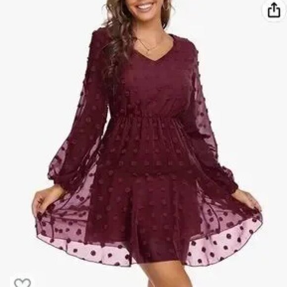 NWOT Midi Dress M Burgundy Long Sleeve Chiffon Elastic Waist Cute Guest Holiday - Picture 8 of 8